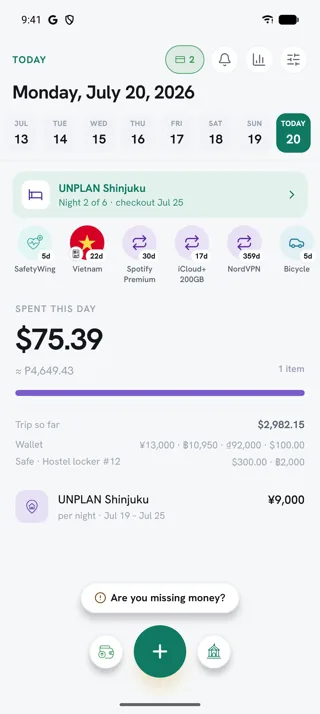 Kapunka home screen: today's spend, trip total, wallet balances in four currencies, tonight's stay and running subscriptions